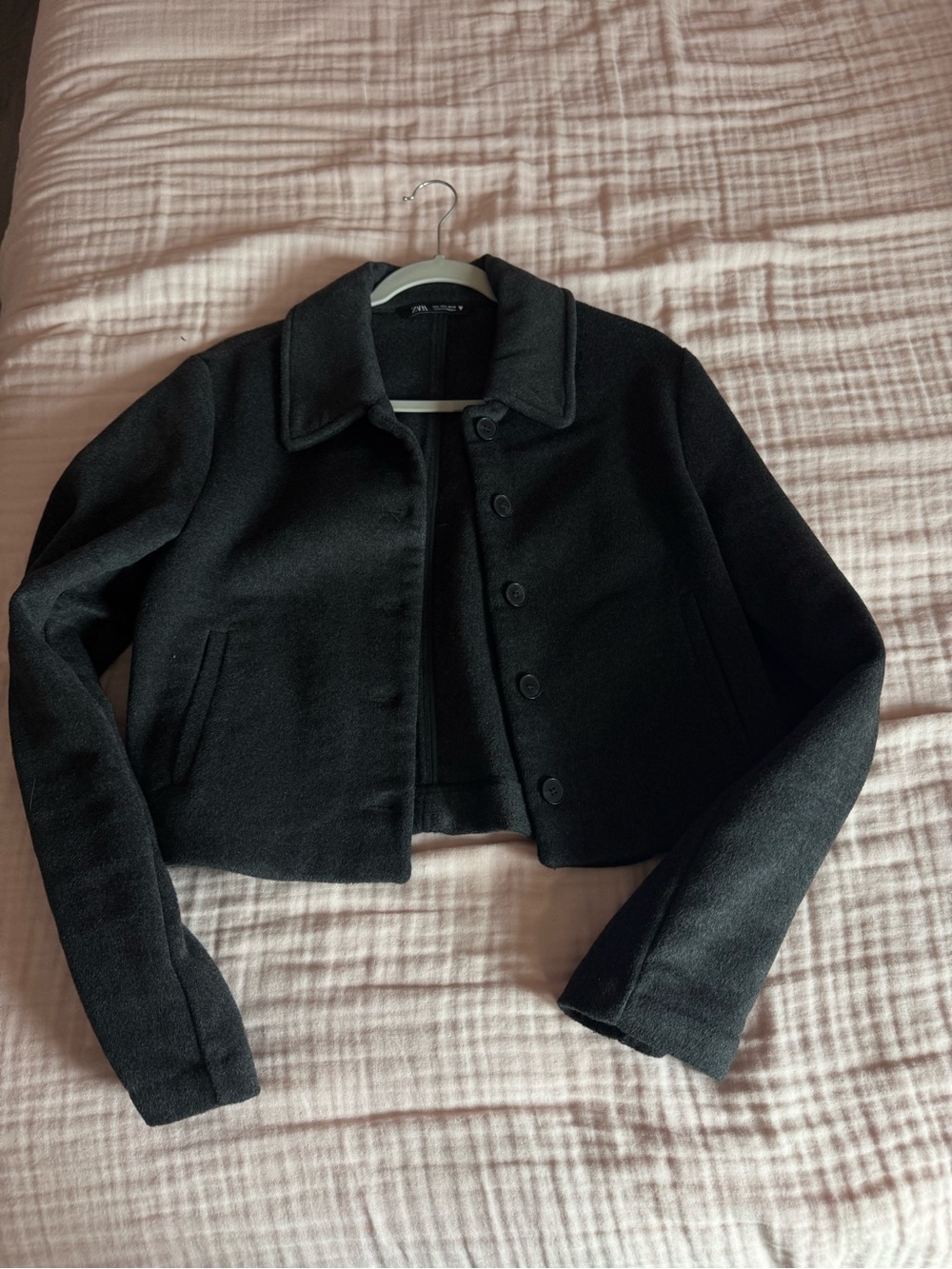 Zara Dark Heather Grey Cropped Wool Blend Collared Jacket